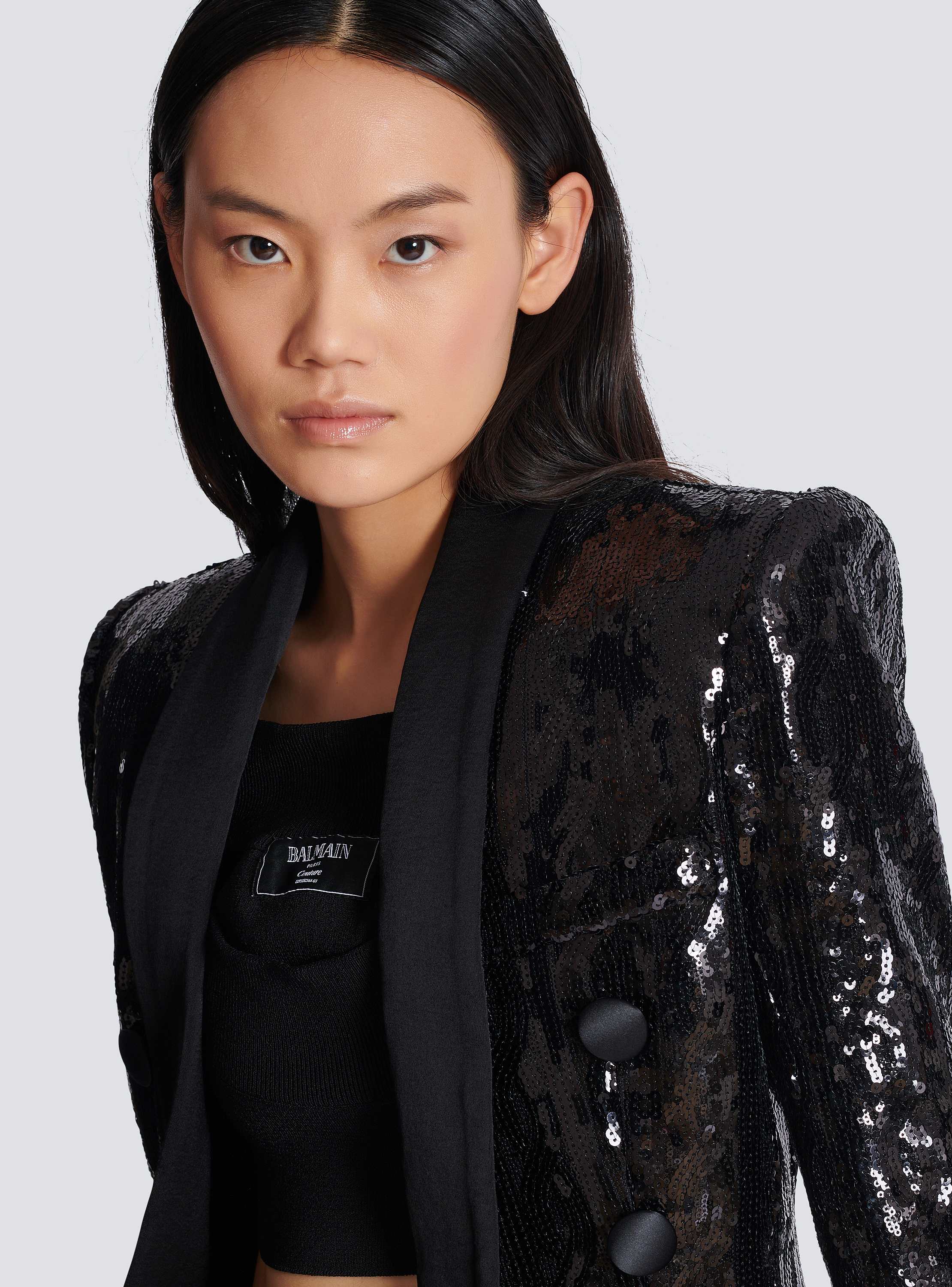 V-neck glitter satin tailored jacket